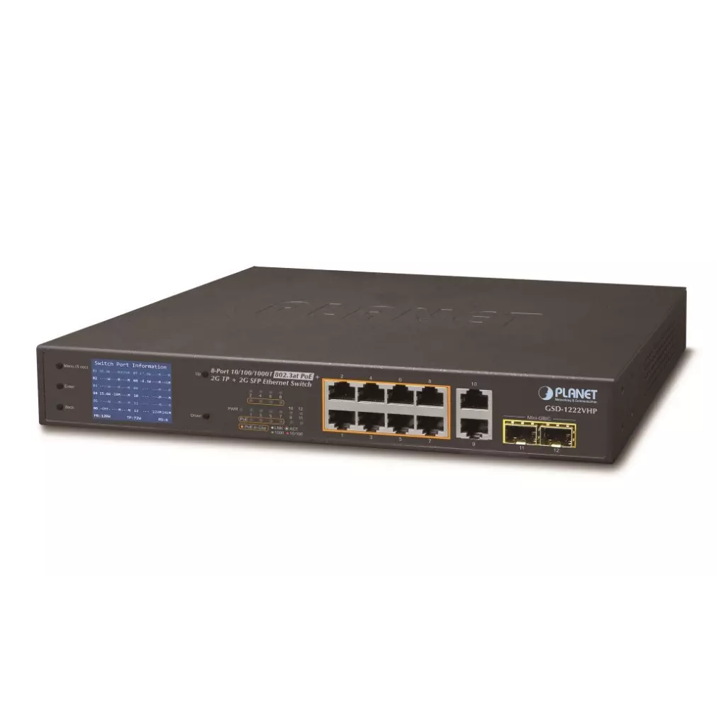 Obrázek produktu Planet GSD-1222VHP PoE switch, 8x PoE + 2x 1000Base-T + 2x SFP, LCD,VLAN, extend mód 10Mb do 250m, IEEE 802.3at 120W