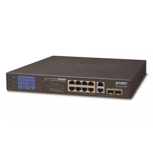 obrázek produktu Planet GSD-1222VHP PoE switch, 8x PoE + 2x 1000Base-T + 2x SFP, LCD,VLAN, extend mód 10Mb do 250m, IEEE 802.3at 120W