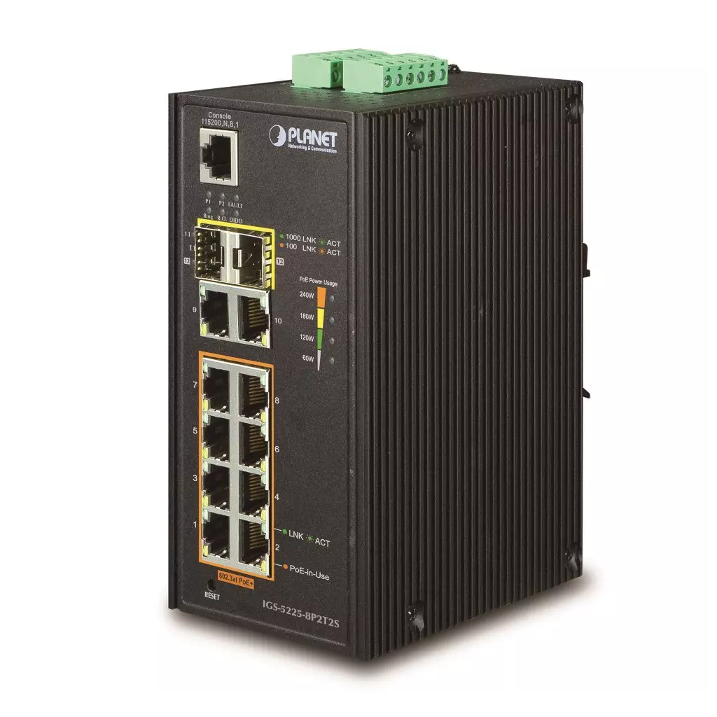 Obrázek produktu Planet IGS-5225-8P2T2S průmyslový L3 switch, 8x1Gb, 2x1Gb SFP, 8x PoE 802.3at 240W -40~75°C, dual 48-54VDC, IP30