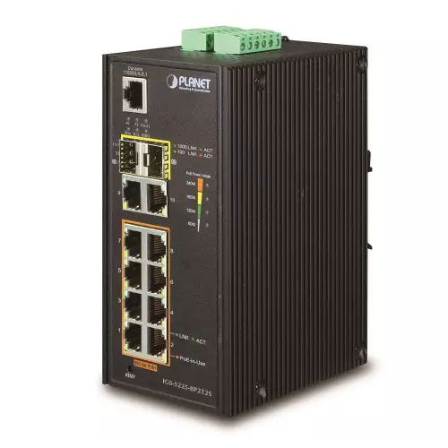 obrázek produktu Planet IGS-5225-8P2T2S průmyslový L3 switch, 8x1Gb, 2x1Gb SFP, 8x PoE 802.3at 240W -40~75°C, dual 48-54VDC, IP30