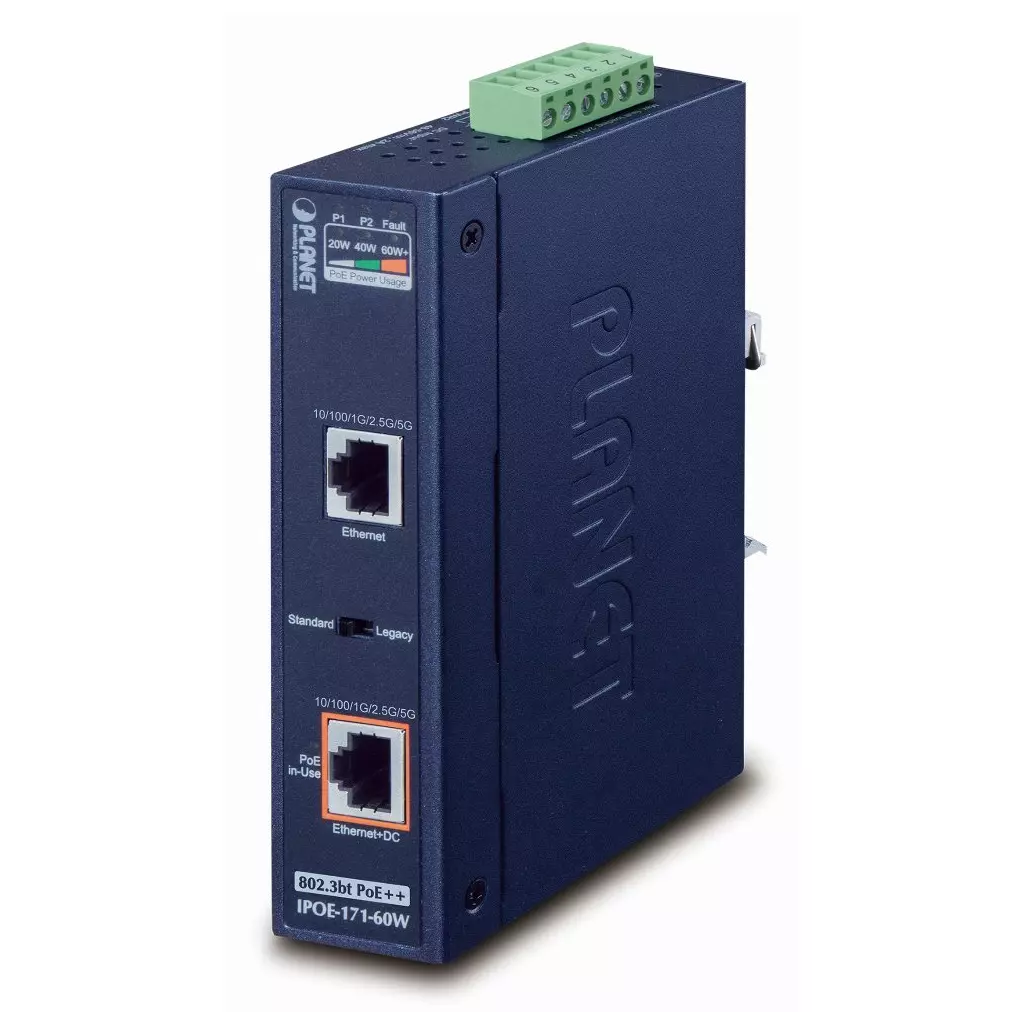 Obrázek produktu Planet IPOE-171-60W PoE injektor IEEE802.3bt, 60W, DIN, IP30, -40~75°C