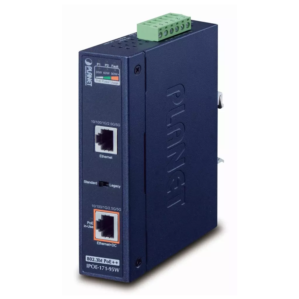 Obrázek produktu Planet IPOE-171-95W PoE injektor IEEE802.3bt, 95W, DIN, IP30, -40~75°C, 12-48VDC-input