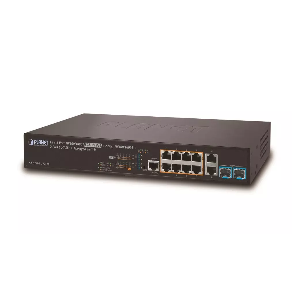 Obrázek produktu Planet GS-5220-8UP2T2X L3 switch, 10x1Gb, 2x1Gb SFP, 2x10Gb SFP+, 8x PoE 802.3bt 240W, QoS