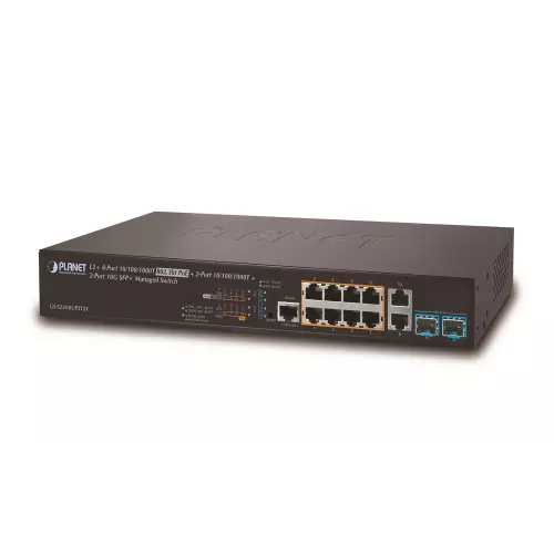 obrázek produktu Planet GS-5220-8UP2T2X L3 switch, 10x1Gb, 2x1Gb SFP, 2x10Gb SFP+, 8x PoE 802.3bt 240W, QoS