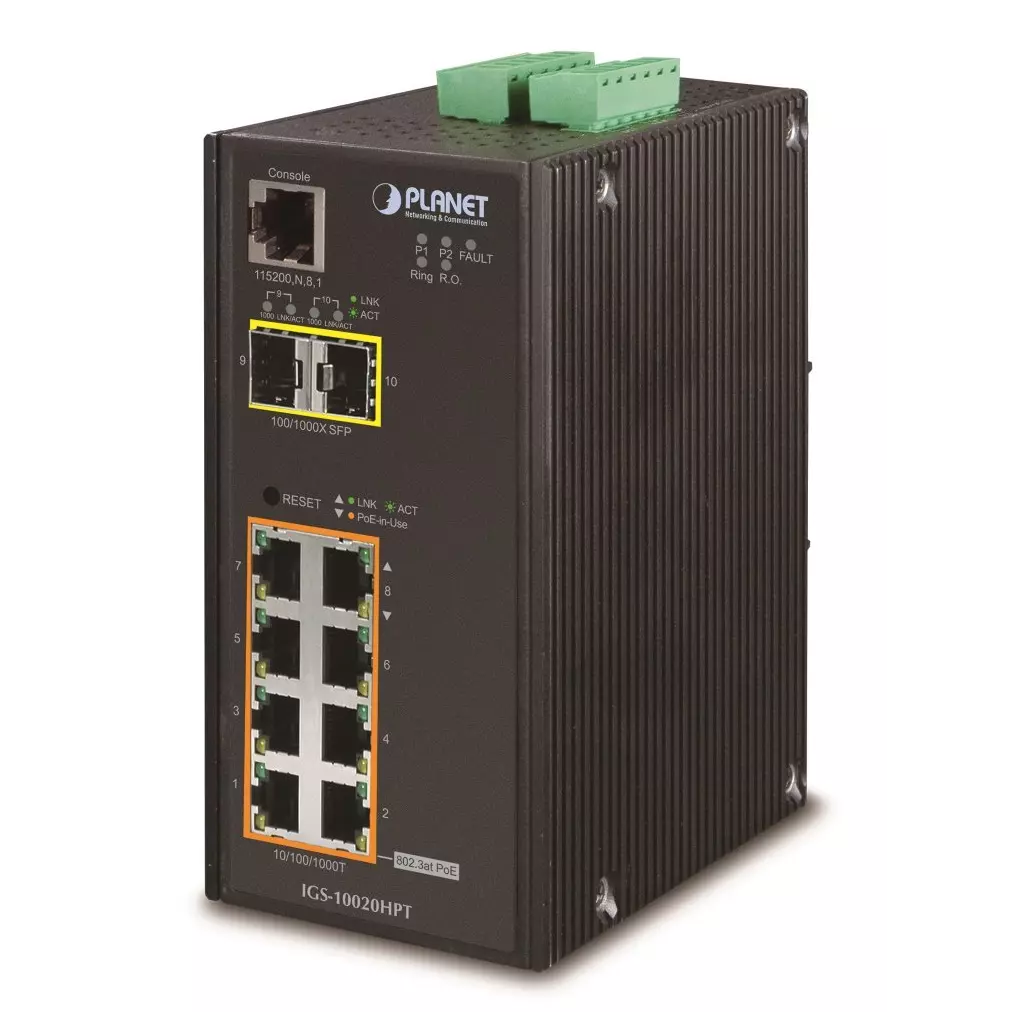 Obrázek produktu Planet IGS-10020HPT průmyslový L2 switch, 8x1Gb, 2x2.5Gb SFP, PoE 802.3at 240W, 12-48VDC, -40~75°C, 1xRJ45-to-RS232,IP30