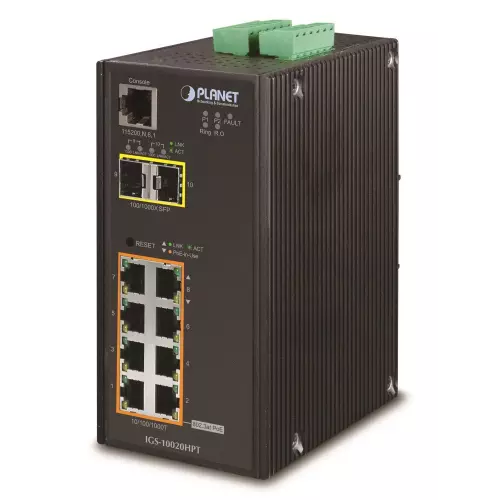 obrázek produktu Planet IGS-10020HPT průmyslový L2 switch, 8x1Gb, 2x2.5Gb SFP, PoE 802.3at 240W, 12-48VDC, -40~75°C, 1xRJ45-to-RS232,IP30