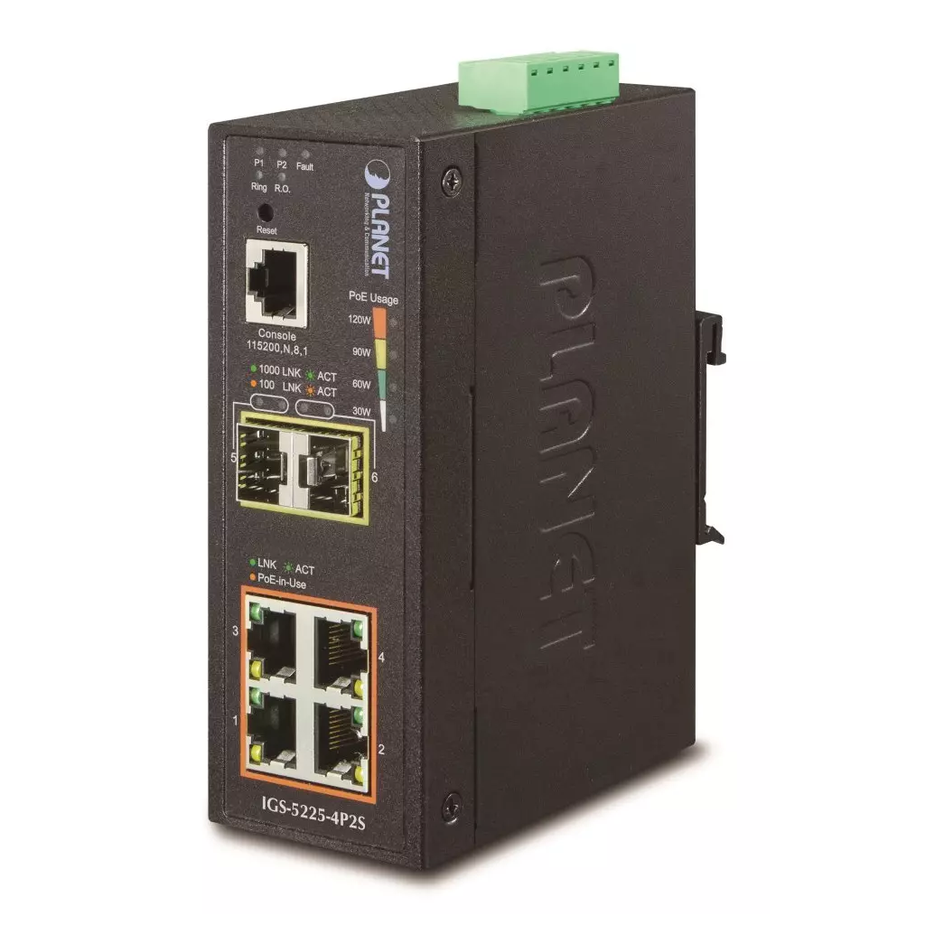 Obrázek produktu Planet IGS-5225-4P2S průmyslový L3 switch, 4x1Gb, 2x1Gb SFP, 4x PoE 802.3at 144W, dual 48-56VDC, -40~75, IP40