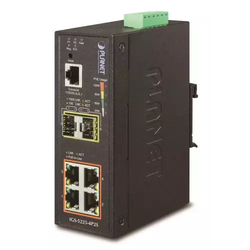 obrázek produktu Planet IGS-5225-4P2S průmyslový L3 switch, 4x1Gb, 2x1Gb SFP, 4x PoE 802.3at 144W, dual 48-56VDC, -40~75, IP40