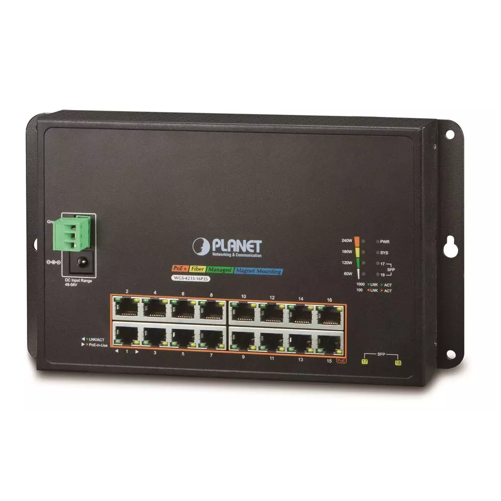 Obrázek produktu Planet WGS-4215-16P2S plochý L4 switch, 16x1Gb, 2x1Gb SFP, 16x PoE 802.3at 240W, 48-56VDC, -10~60°C, IP30, fanless