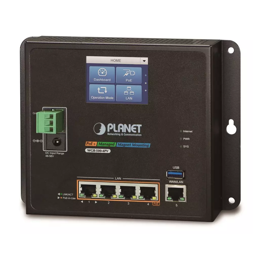 Obrázek produktu Planet WGR-500-4PV, průmyslový PoE router, 1xWAN+4xLAN 1Gbps, PoE 802.3at 120W, DIN, dual 48-56VDC, -10až60°C, touch LCD