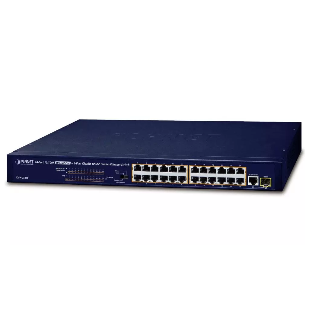 Obrázek produktu Planet FGSW-2511P PoE switch, 24x100Mb + 1x1Gb-TP/SFP, 24x PoE 802.3at do 190W, VLAN, ext.mod. 10Mb PoE@250m