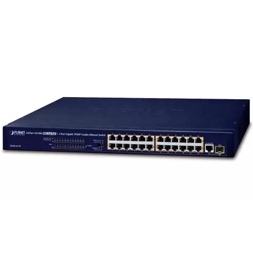 obrázek produktu Planet FGSW-2511P PoE switch, 24x100Mb + 1x1Gb-TP/SFP, 24x PoE 802.3at do 190W, VLAN, ext.mod. 10Mb PoE@250m
