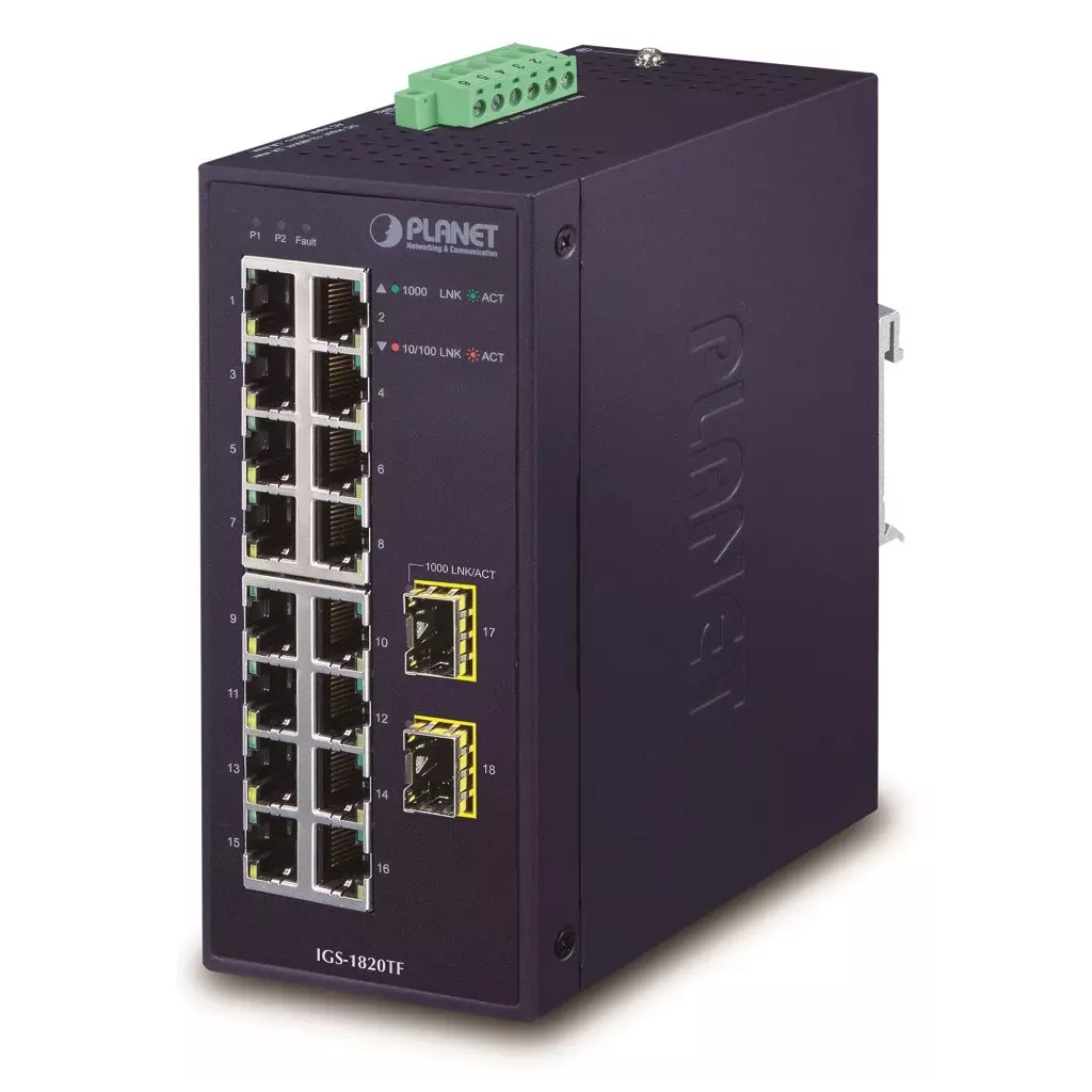 Obrázek produktu Planet IGS-1820TF Průmyslový Switch 16x1Gb, 2xSFP, dual 12-48VDC/24VAC, -40~+75°C, fanless