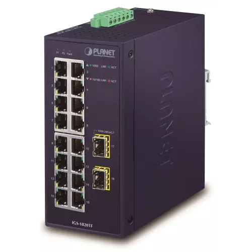 obrázek produktu Planet IGS-1820TF Průmyslový Switch 16x1Gb, 2xSFP, dual 12-48VDC/24VAC, -40~+75°C, fanless