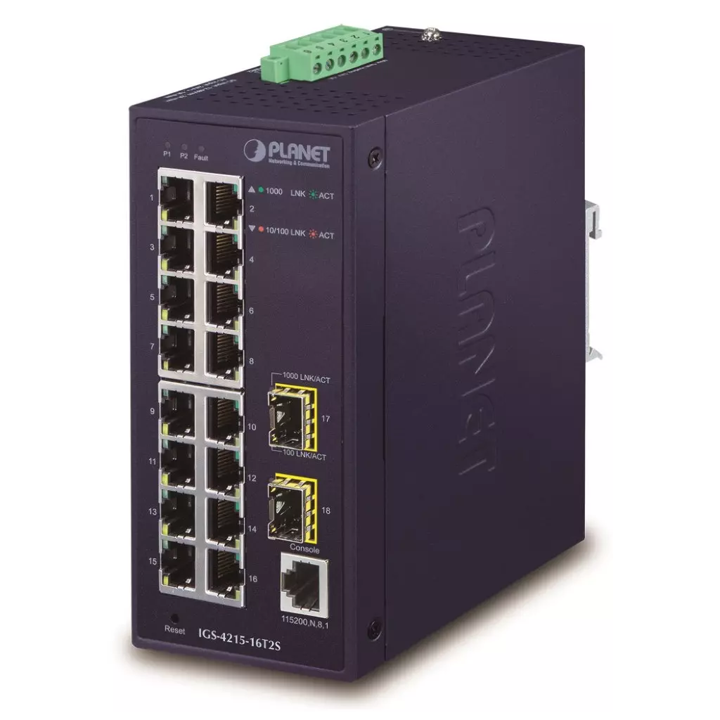 Obrázek produktu Planet IGS-4215-16T2S průmyslový L2 switch, 16x1Gb, 2x1Gb SFP, dual 12-48VDC , -40~75°C, 1x RJ45 serial port, IP30