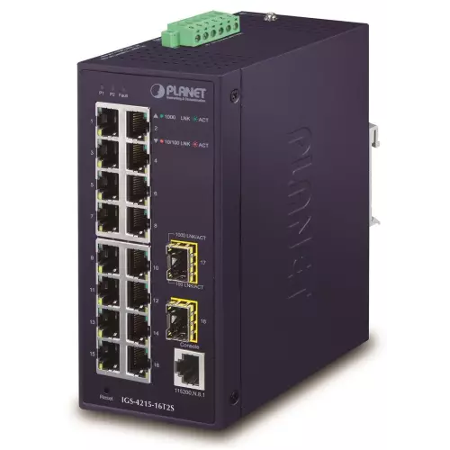 obrázek produktu Planet IGS-4215-16T2S průmyslový L2 switch, 16x1Gb, 2x1Gb SFP, dual 12-48VDC , -40~75°C, 1x RJ45 serial port, IP30