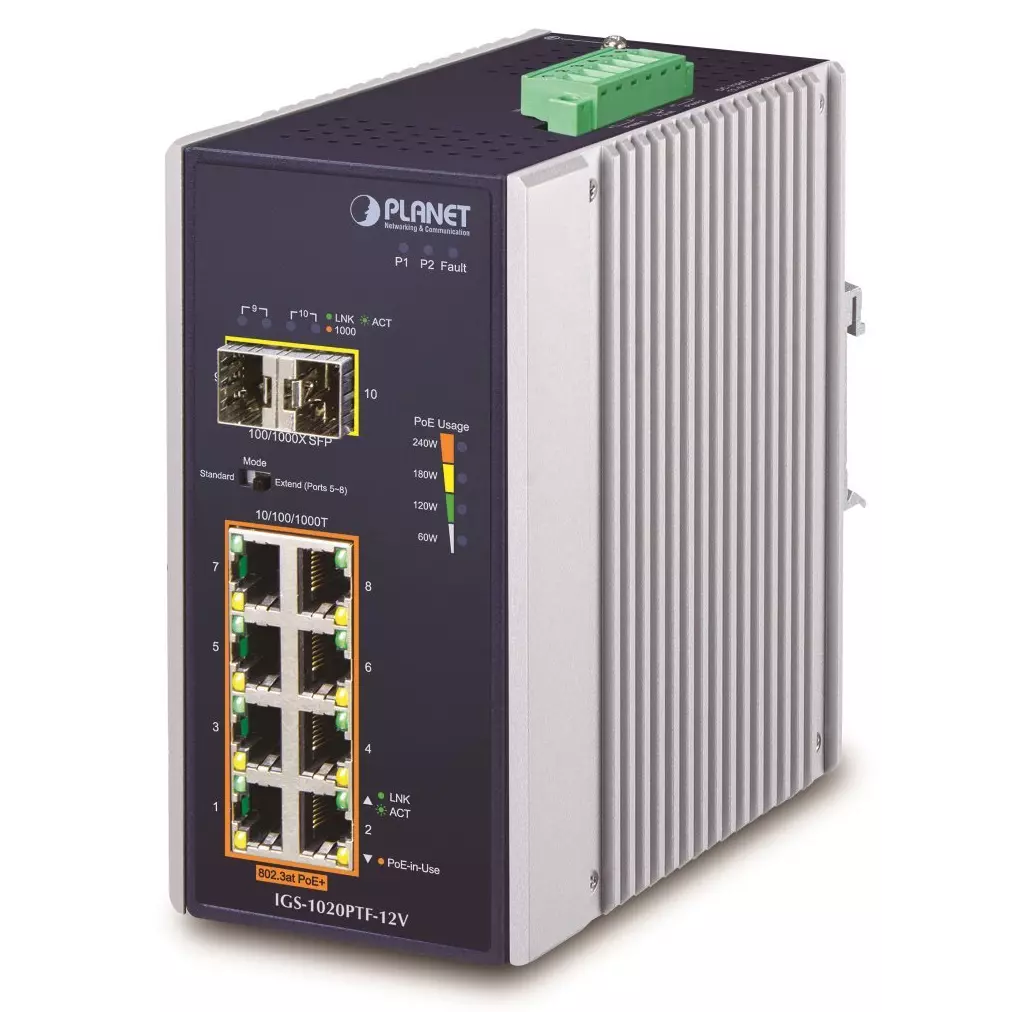 Obrázek produktu Planet IGS-1020PTF-12V Průmyslový L2 PoE switch, 8x1Gb + 2xSFP, 802.3at 30/240W, IP30, -40~+75°C, 12-56VDC