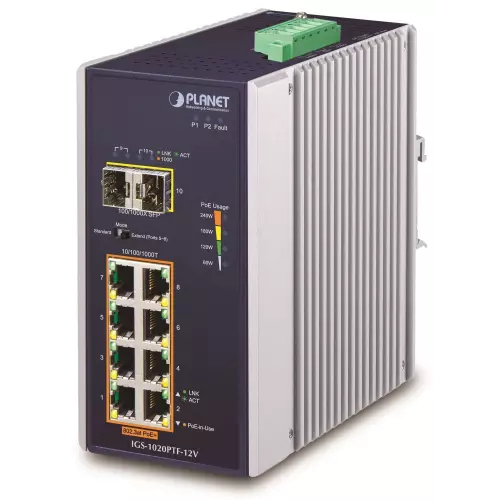 obrázek produktu Planet IGS-1020PTF-12V Průmyslový L2 PoE switch, 8x1Gb + 2xSFP, 802.3at 30/240W, IP30, -40~+75°C, 12-56VDC