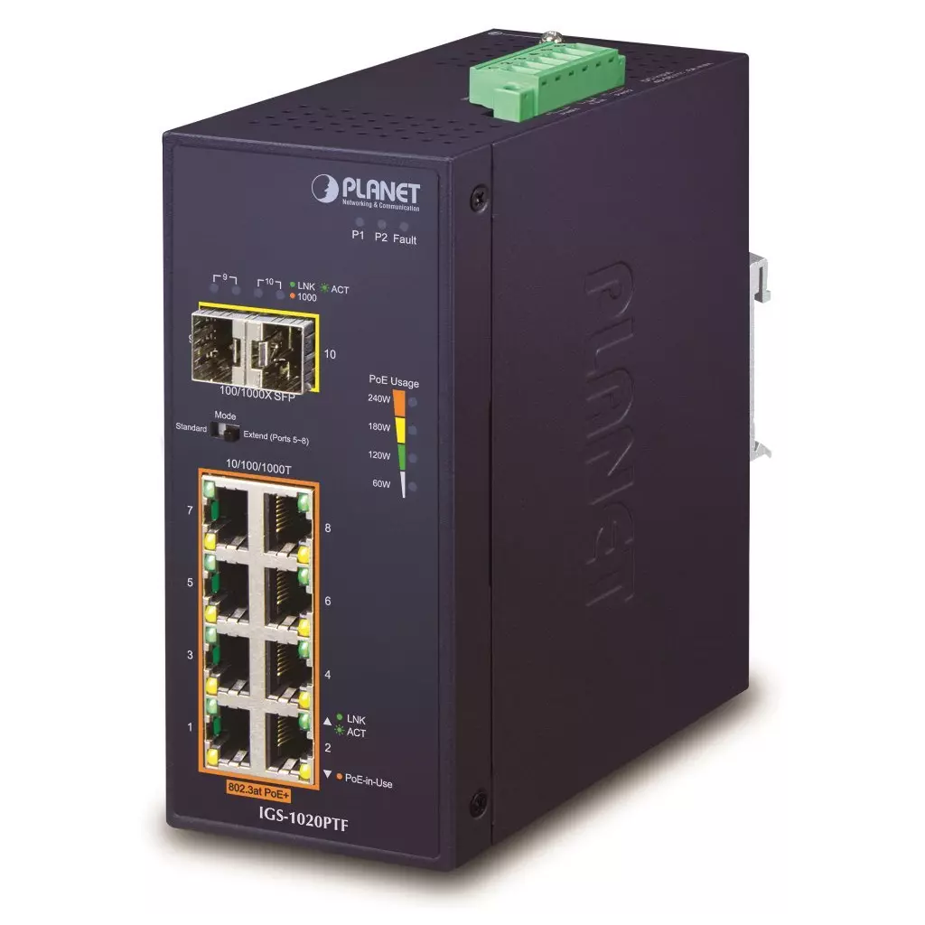 Obrázek produktu Planet IGS-1020PTF Průmyslový L2 PoE switch, 8x1Gb + 2xSFP, 802.3at 30/240W, IP30, -40~+75°C, 48-56VDC