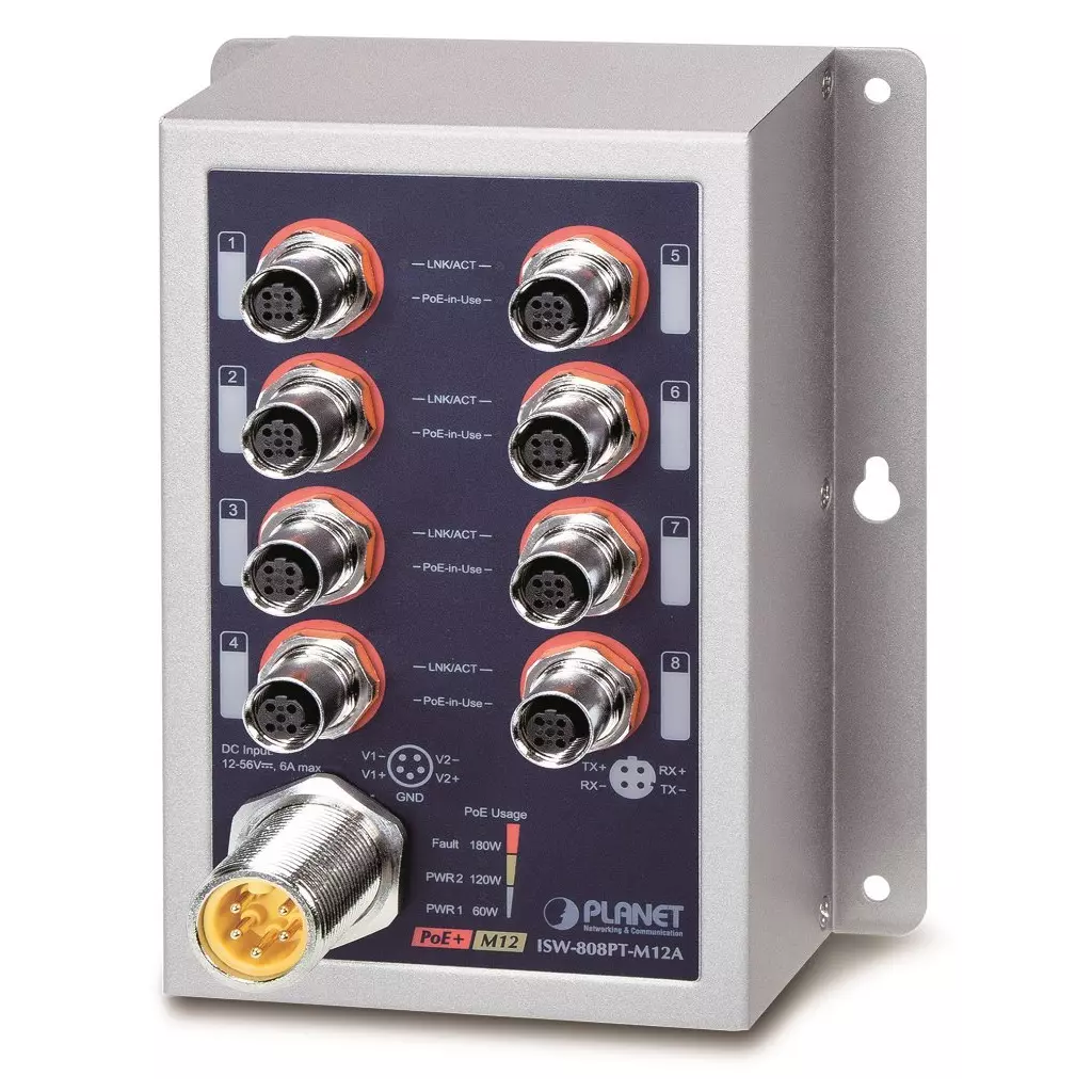 Obrázek produktu Planet Průmyslový PoE switch 8x 100Mb, PoE 802.3at 36W/180W, IP50, -40~+75°C, 12-56VDC, M12 konektory
