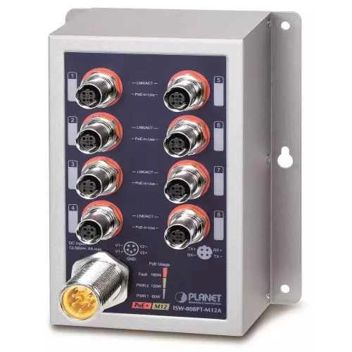 obrázek produktu Planet Průmyslový PoE switch 8x 100Mb, PoE 802.3at 36W/180W, IP50, -40~+75°C, 12-56VDC, M12 konektory