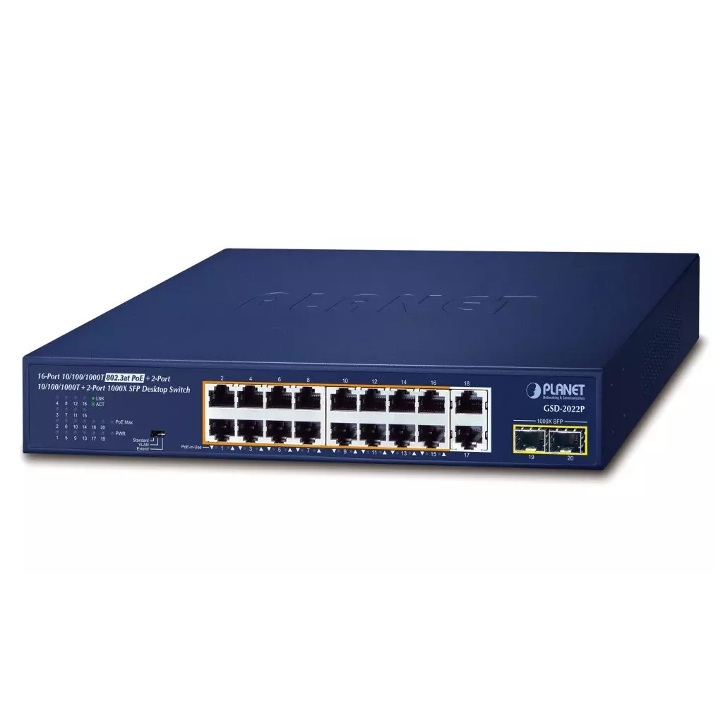 Obrázek produktu Planet PoE switch 18x1Gb + 2xSFP 1Gb, 16x PoE 802.3at 30/185W, VLAN, extend mód 10Mb-250m