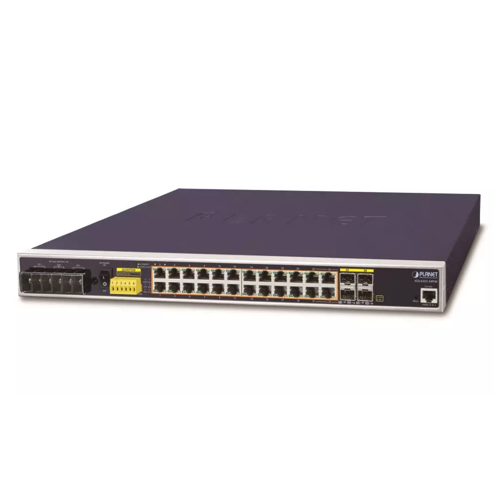 Obrázek produktu Planet IGS-6325-24P4S průmyslový L3 switch, 24x1Gb, 4x1Gb SFP, PoE 802.3at 440W, 48-56VDC, -40~75°C, IP30, fanless