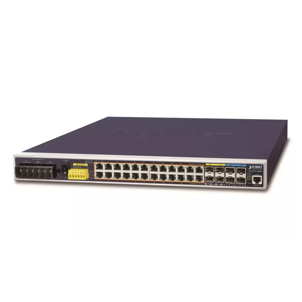 Obrázek produktu Planet IGS-6325-24P4X průmyslový L3 switch, 24x1Gb, 4x10Gb SFP+, PoE 802.3at 440W, 48-56VDC, -40~75°C, IP30, fanless