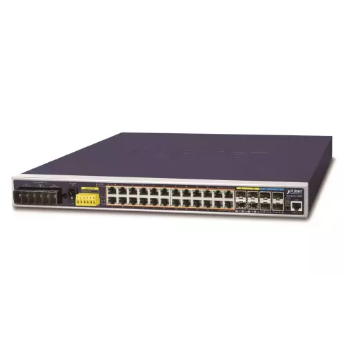 obrázek produktu Planet IGS-6325-24P4X průmyslový L3 switch, 24x1Gb, 4x10Gb SFP+, PoE 802.3at 440W, 48-56VDC, -40~75°C, IP30, fanless