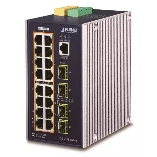 obrázek produktu Planet IGS-6325-16P4S průmyslový L3 switch, 16x1Gb, 4x2.5G SFP, PoE 802.3at 320W, 48-56VDC, -40~75°C, IP30, fanless