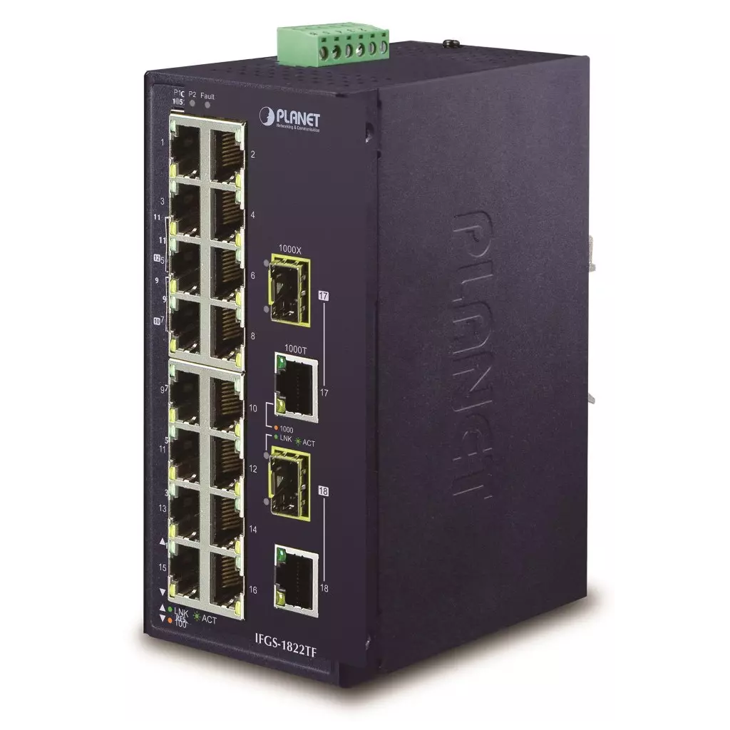 Obrázek produktu Planet IFGS-1822TF průmyslový switch, 16x100M + 2x1Gb/SFP, -40 až 75st.C, dual 9-48VDC, IP30, fanless
