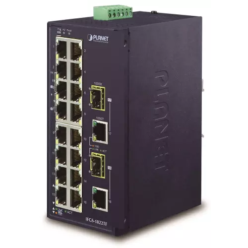 obrázek produktu Planet IFGS-1822TF průmyslový switch, 16x100M + 2x1Gb/SFP, -40 až 75st.C, dual 9-48VDC, IP30, fanless