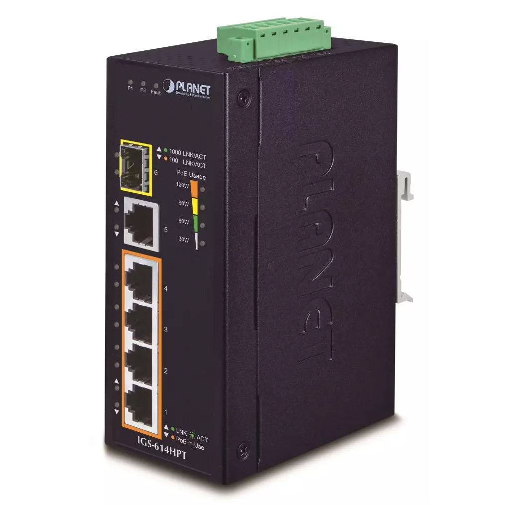Obrázek produktu Planet IGS-614HPT Průmyslový PoE Switch 5x 1000Base-T, 1x SFP, 4x PoE 802.3at, -40~+75°C, 12-56VDC, dual-power, DIN