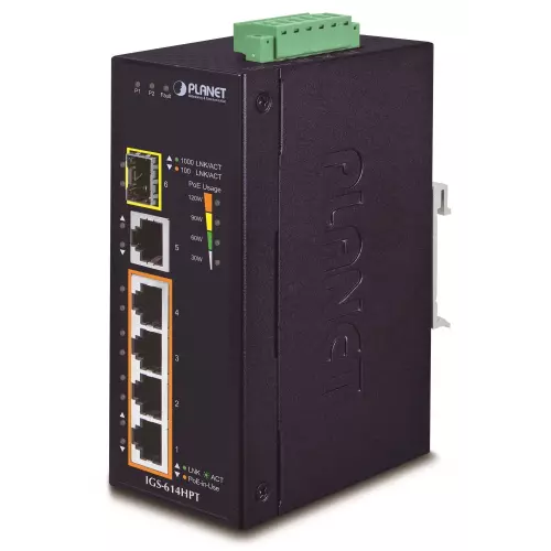 obrázek produktu Planet IGS-614HPT Průmyslový PoE Switch 5x 1000Base-T, 1x SFP, 4x PoE 802.3at, -40~+75°C, 12-56VDC, dual-power, DIN