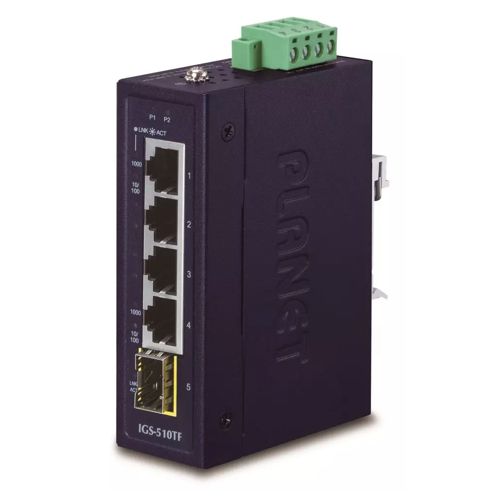 Obrázek produktu Planet IGS-510TF Průmyslový Switch 4x 1000Base-t, 1x SFP, dual power, 9-48VDC, -40 +75°C
