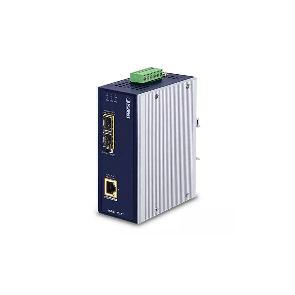 Obrázek produktu Planet IGUP-1205AT PoE++ konvertor 802.3bt, 1x 1000Base-T, 2x SFP 100/1000Base-X, dual power 12-56VDC, -40 až 75st.