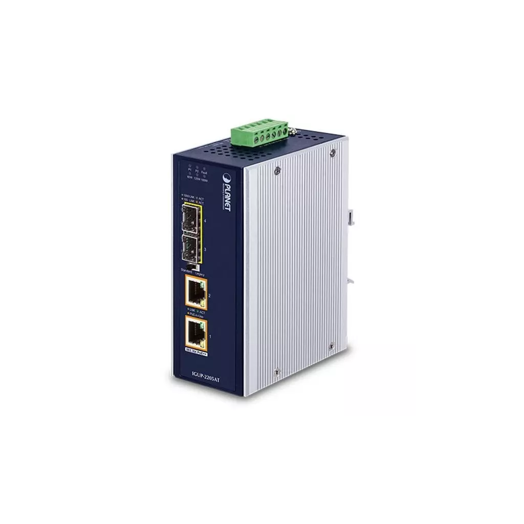 Obrázek produktu Planet IGUP-2205AT PoE++ konvertor 802.3bt, 2x 1000Base-T, 2x SFP 100/1000Base-X, dual power 12-56VDC, -40 až 75st.