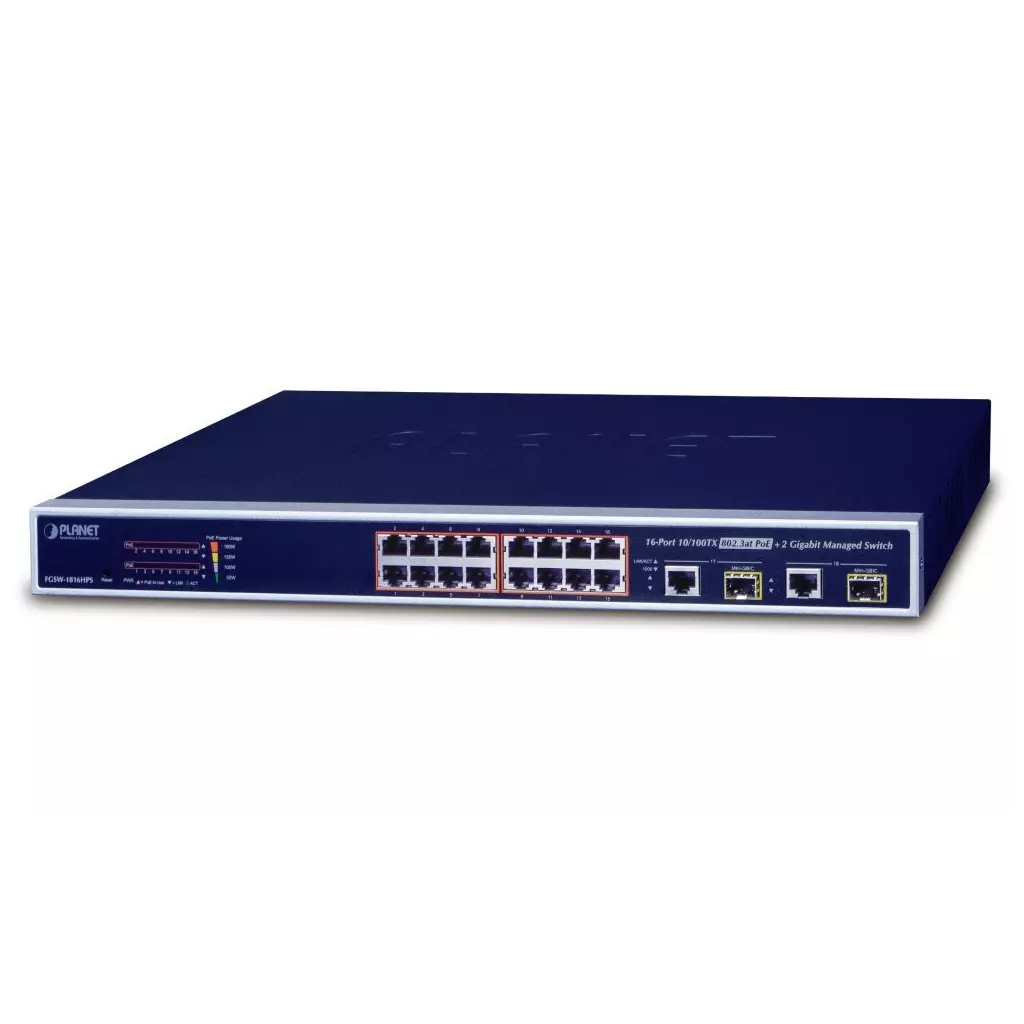 Obrázek produktu Planet FGSW-1816HPS L2 switch, 16x100Mb, 2x1Gb SFP, 16x PoE 802.3at 220W
