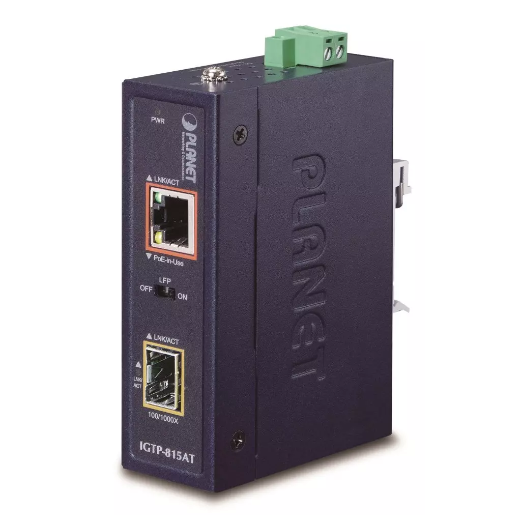 Obrázek produktu Planet IGTP-815AT konvertor RJ45/SFP, 1Gbps, PoE injektor 802.3at, -40 až 75 st.C, IP30, EFT+ESD, malý rozměr