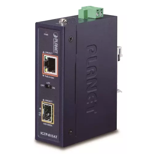 obrázek produktu Planet IGTP-815AT konvertor RJ45/SFP, 1Gbps, PoE injektor 802.3at, -40 až 75 st.C, IP30, EFT+ESD, malý rozměr