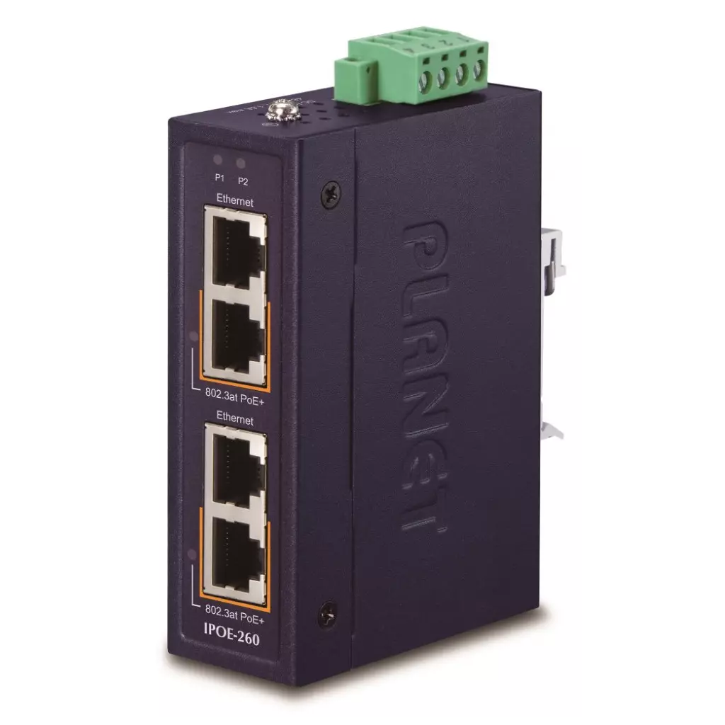 Obrázek produktu Planet IPOE-260 PoE průmyslový injektor, 2x port, 4x1Gb, 2x 802.3at 36/72W, DIN, IP30, -40~75°C, dual power 48-56VDC
