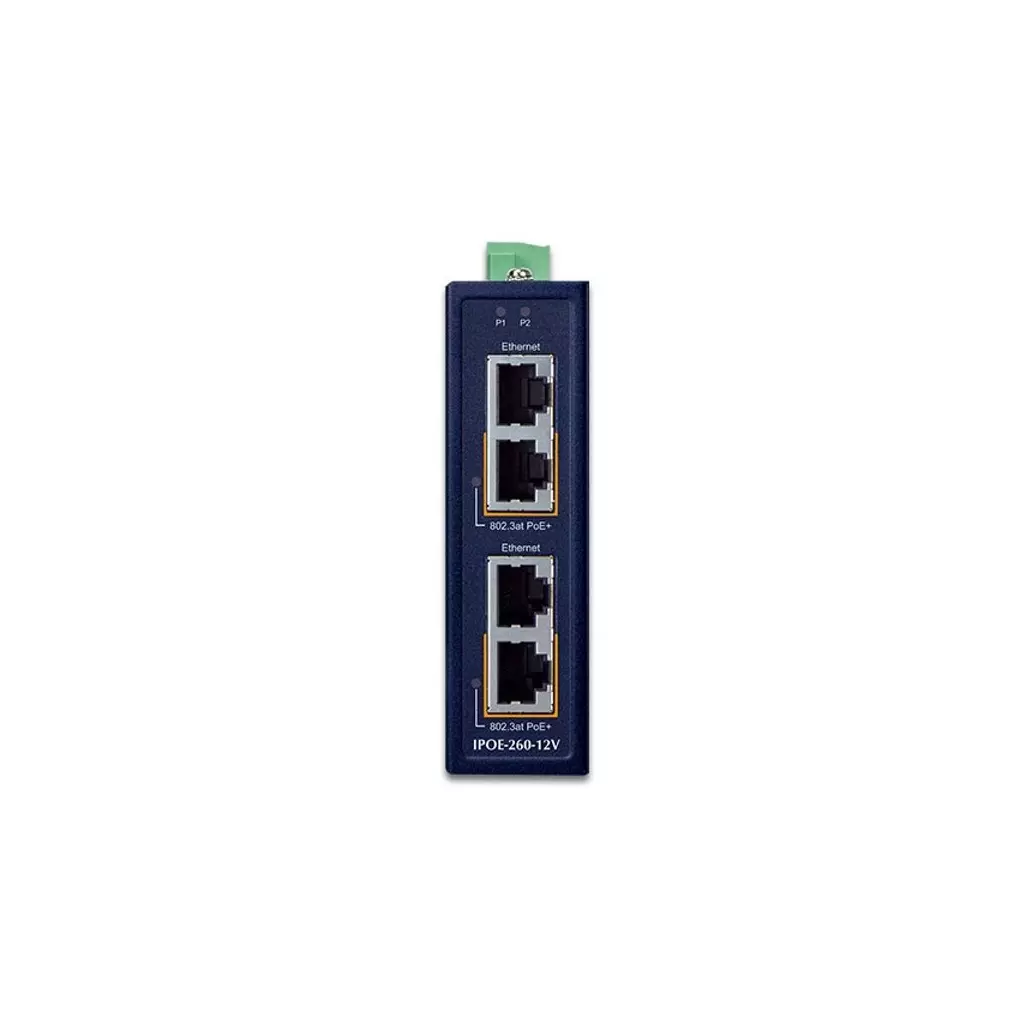 Obrázek produktu Planet IPOE-260-12V PoE průmyslový injektor, 2x port, 4x1Gb, 2x 802.3at 36/72W, DIN, IP30, -40~75°C, dual power 12-56VDC