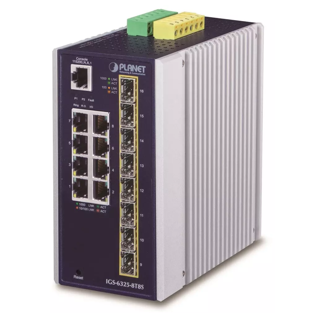 Obrázek produktu Planet IGS-6325-8T8S průmyslový L3 switch, 8x1Gb, 8x2.5Gb SFP, 12-48VDC, -40~75°C, IP30, fanless