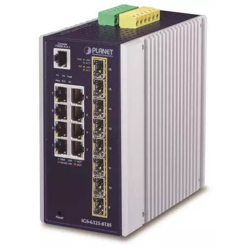 obrázek produktu Planet IGS-6325-8T8S průmyslový L3 switch, 8x1Gb, 8x2.5Gb SFP, 12-48VDC, -40~75°C, IP30, fanless