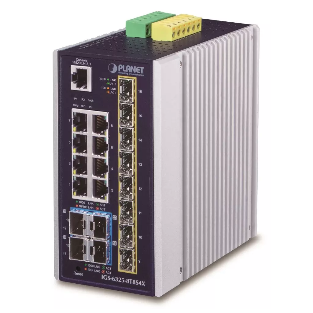 Obrázek produktu Planet IGS-6325-8T8S4X průmyslový L3 switch, 8x1Gb, 8x2.5Gb SFP + 4x10Gb SFP+, 12-48VDC, -40~75°C, IP30, fanless