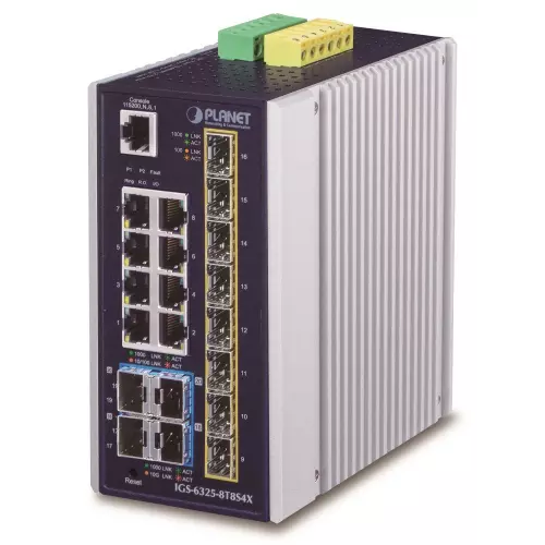 obrázek produktu Planet IGS-6325-8T8S4X průmyslový L3 switch, 8x1Gb, 8x2.5Gb SFP + 4x10Gb SFP+, 12-48VDC, -40~75°C, IP30, fanless