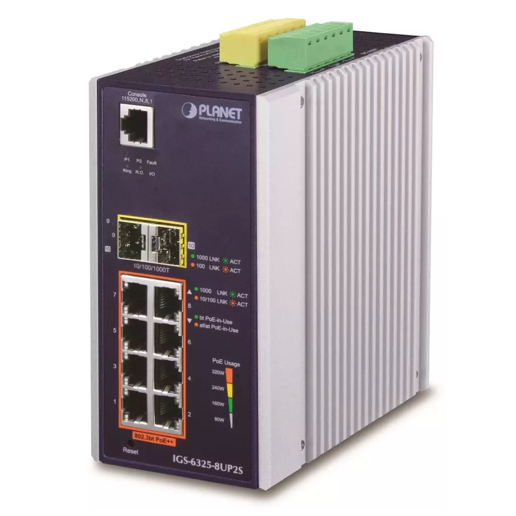 Obrázek produktu Planet IGS-6325-8UP2S průmyslový L3 switch, 8x1Gb, 2x2.5Gb SFP, PoE 802.3bt 360W, 48-54VDC, -40~75°C, fanless