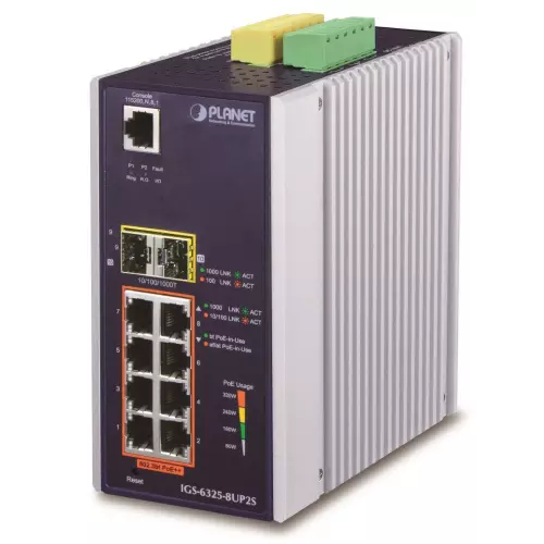 obrázek produktu Planet IGS-6325-8UP2S průmyslový L3 switch, 8x1Gb, 2x2.5Gb SFP, PoE 802.3bt 360W, 48-54VDC, -40~75°C, fanless