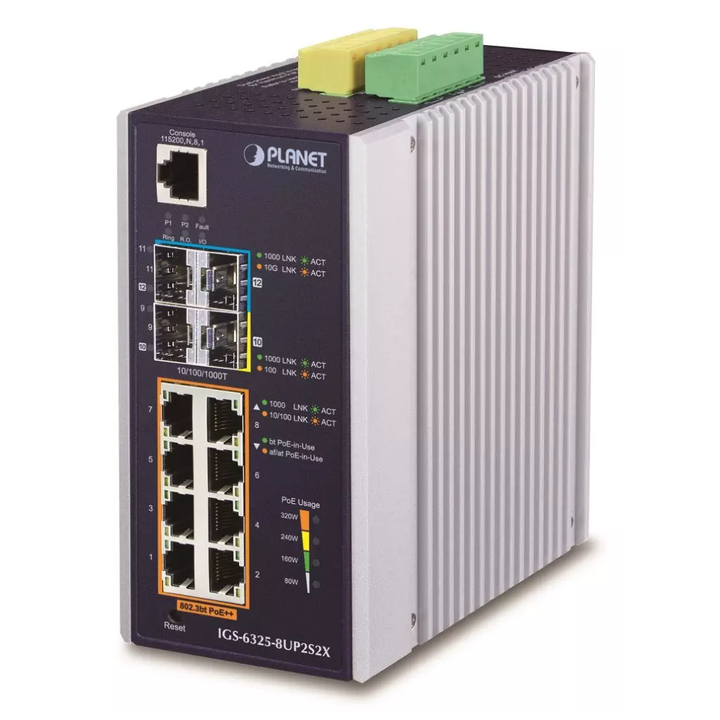 Obrázek produktu Planet IGS-6325-8UP2S2X průmyslový L3 switch, 8x1Gb, 2x2.5Gb SFP, 2x10Gb SFP+, 90/360W, 48-54VDC, -40~75°C, fanless