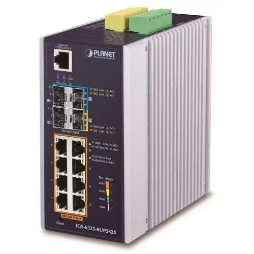 obrázek produktu Planet IGS-6325-8UP2S2X průmyslový L3 switch, 8x1Gb, 2x2.5Gb SFP, 2x10Gb SFP+, 90/360W, 48-54VDC, -40~75°C, fanless